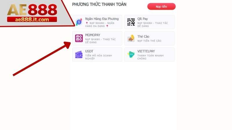 Chọn phương thức nạp tiền MOMOPAY
