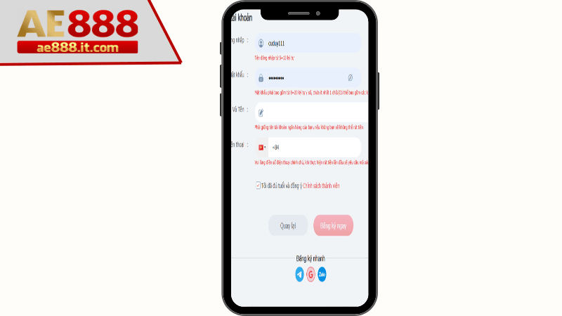 Điền thông tin đăng ký theo yêu cầu