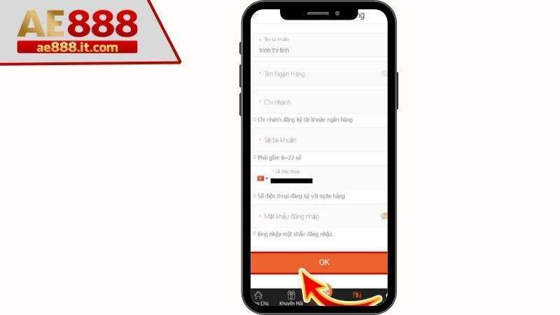 Điền thông tin thẻ ngân hàng để liên kết với tài khoản AE888